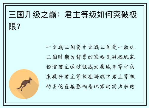 三国升级之巅：君主等级如何突破极限？
